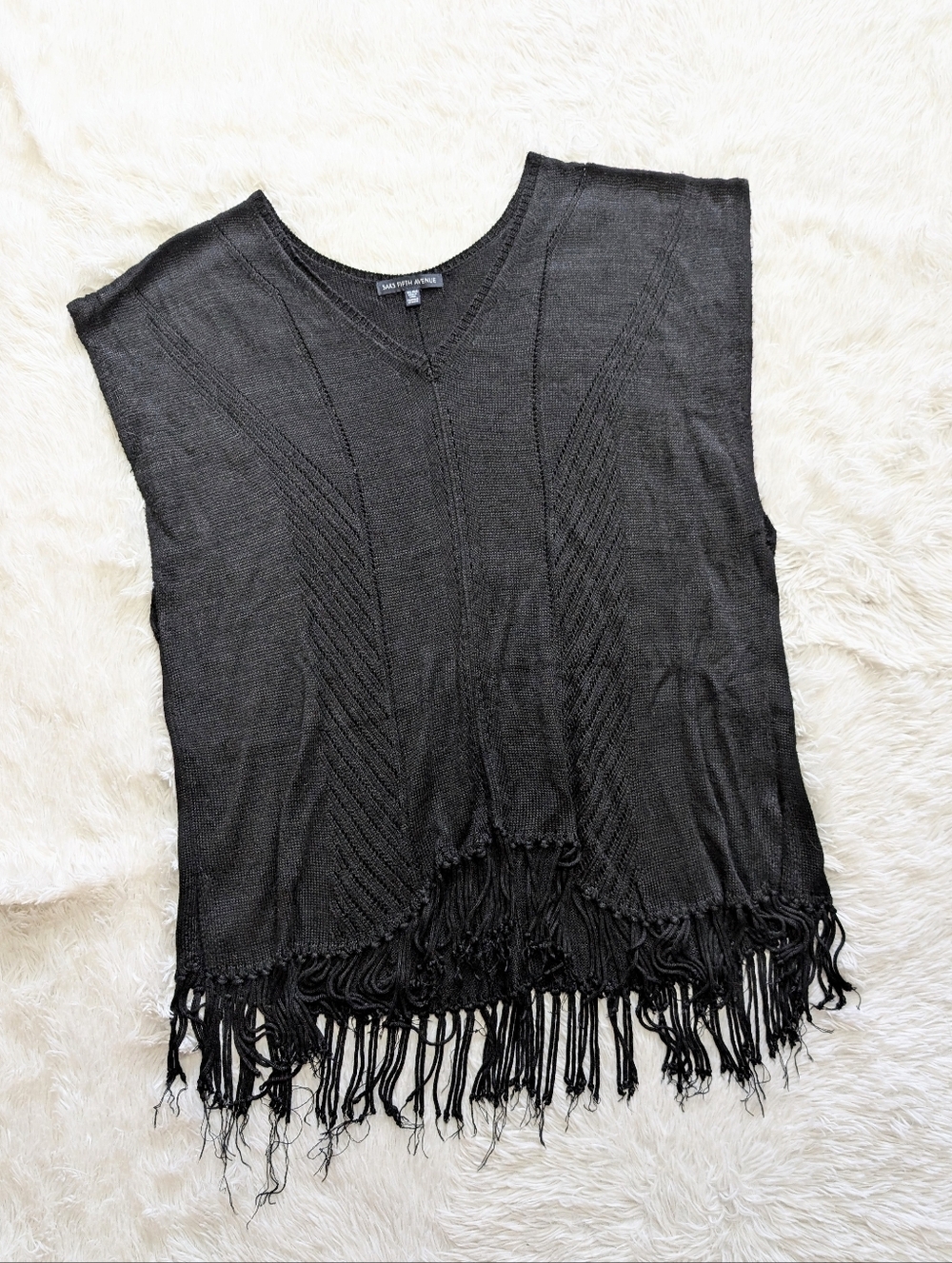 Saks Fifth Black Knit Tassel Poncho Oversized Fall Layering Sweater M/L